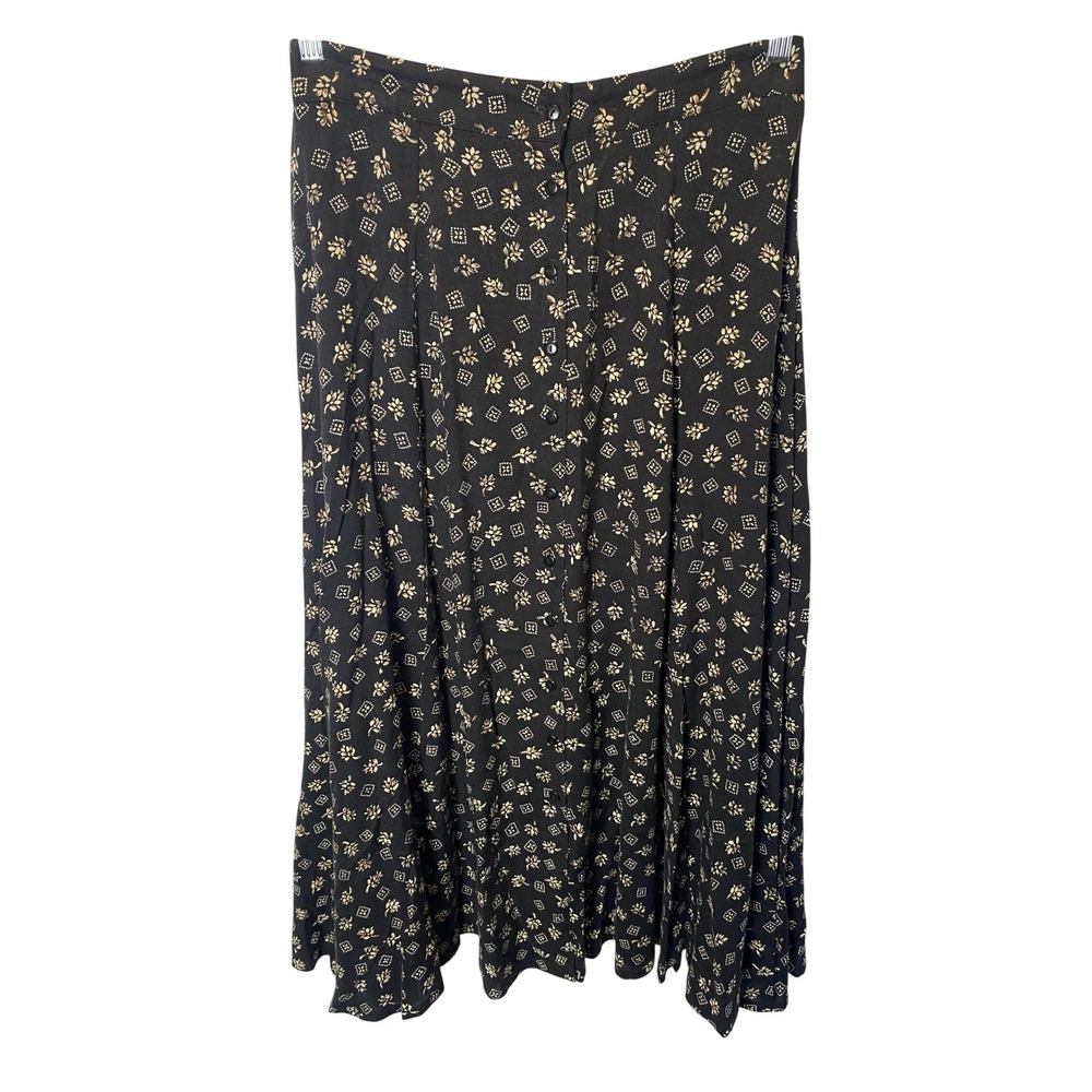 Vintage Studio Maxi Skirt Women Large Black Floral Button Front Boho Artsy 90's
